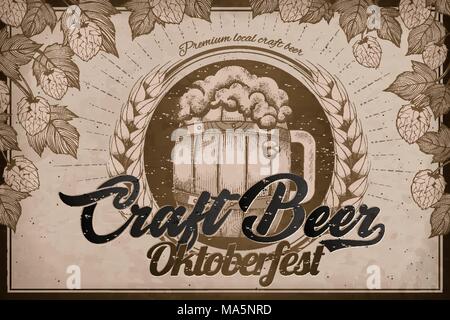 Craft beer ads, retro engraving style beer barrel and hops elements for oktoberfest festival Stock Vector