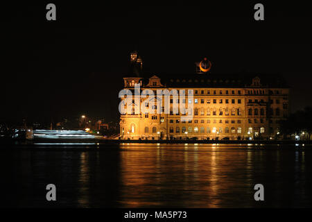 Night landscape of Bosphorus with Haydarpasa train station, Istanbul,Turkey Stock Photo