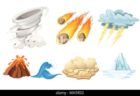 Natural cataclysm icons set. Tsunami wave, tornado swirl, flame meteorite, volcano eruption, sandstorm, deglaciation, storm. Cartoon style color icon. Stock Vector