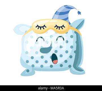 Blue pillow. Cartoon style character design. Pillow with sleep mask. The concept of a sleeping. Vector illustration isolated on white background. Web  Stock Vector
