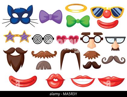 Set of fun masks. Party Birthday photo booth props. Mustache, spectacles, bow tie and mouths in cartoon style. Vector illustration isolated on white b Stock Vector
