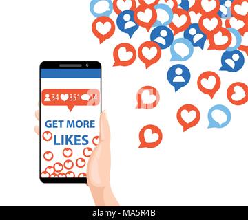 Get more likes. Smartphone pulling like. SEO concept. Hand holding smartphone. Design elements for social network,marketing. Vector illustration isola Stock Vector