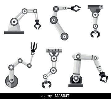 Set of robotic arms. Robotic arm manufacture. Cartoon style icon. Vector illustration isolated on white background. Stock Vector