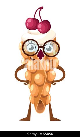 Cartoon style character design. Mascot with glasses. Hong Kong waffle with cherry and whipped cream vector illustration isolated on white background w Stock Vector