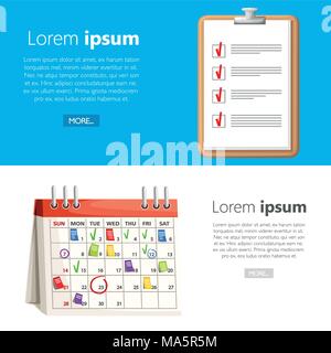 Calendar with marks and clipboard checklist. Notes on calendar dates. Planning concept. Vector illustration on white and blue background. Stock Vector