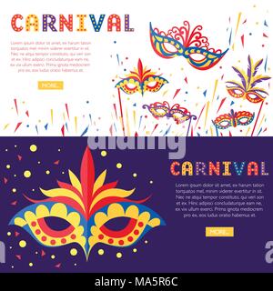 Carnival concept with carnival face masks. Masks for party decoration or masquerade. Mask with feathers. Vector illustration on white and purple backg Stock Vector