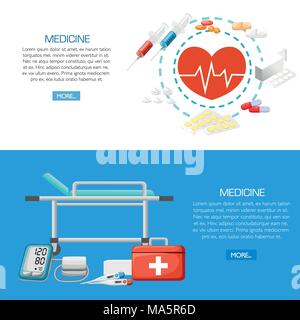 Medicine Concept. Medical instruments, thermometer, syringes, capsule, tablets. Vector illustration on white and blue background website page and mobi Stock Vector