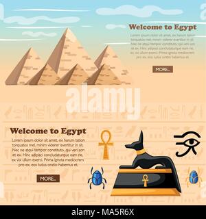 Travel concept. Welcome to Egypt poster. Ancient Egyptian symbols and decoration. Giza pyramid complex. Egypt flat icons vector illustration. Web site Stock Vector