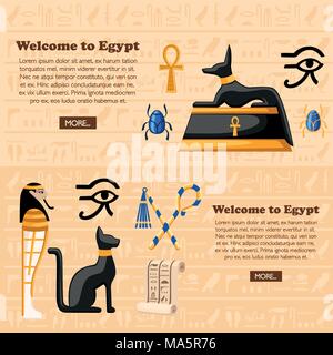 Travel concept. Welcome to Egypt poster. Ancient Egyptian symbols and decoration Egypt flat icons vector illustration on hieroglyphs texture backgroun Stock Vector