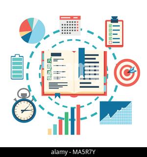 Time management planning concept. Planning, time organization of business. Vector illustration isolated on white background. Web site page and mobile  Stock Vector