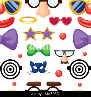Seamless pattern of fun masks. Party Birthday photo booth props. Mustache, spectacles, bow tie and mouths in cartoon style. Vector illustration on whi Stock Vector