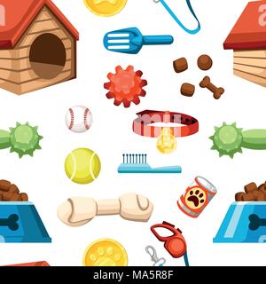 Seamless pattern of pet shop icons. Accessories for dogs. Flat vector illustration. Feed, toys, balls, collar. Products for the pet shop. Vector illus Stock Vector