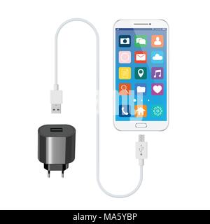 White smartphone with USB charger. Vector illustration Stock Vector