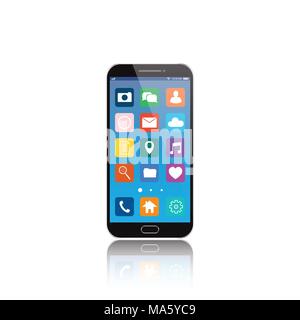 Black Smartphone with cloud of application icons and Apps icons flying around them, isolated on White background. EPS10 Stock Vector