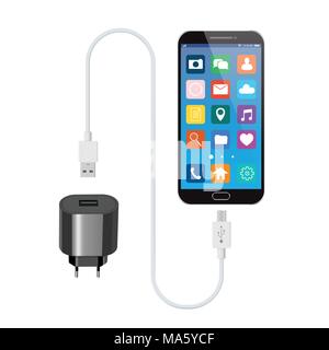 Black smartphone with USB charger. Vector illustration Stock Vector