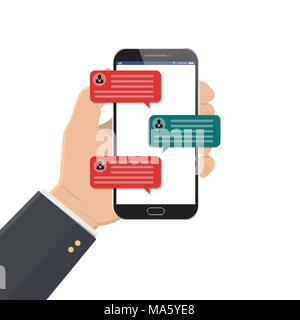 Mobile phone chat message notifications vector illustration isolated on color background, hand with smartphone and chatting bubble speeches, concept o Stock Vector