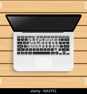 Realistic laptop on a wooden table in the interior Stock Vector