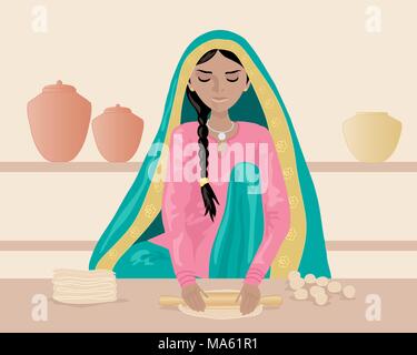 a vector illustration in eps 10 format of an Indian woman rolling out chapattis dressed in traditional clothing with shelves and pots Stock Vector