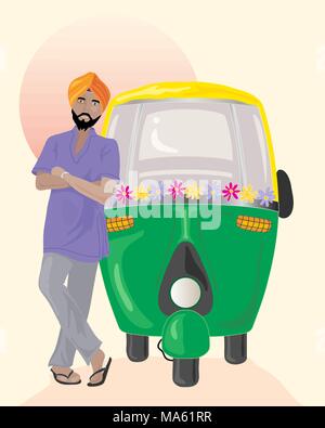 a vector illustration in eps 10 format of a Sikh taxi driver with orange turban standing next to a decorated auto rickshaw under an Indian sun Stock Vector