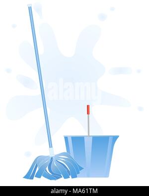 a vector illustration in eps 10 format of a fresh blue mop and bucket on a water splash background Stock Vector