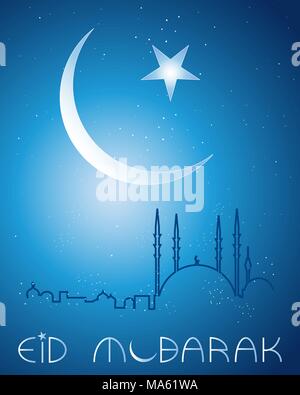 a vector illustration in eps 10 format of an Eid festival greeting card background with crescent moon stars and an abstract mosque skyline Stock Vector