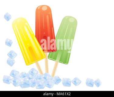 a vector illustration in eps 10 format of three colorful fruity ice lollies with tumbling ice cubes isolated on a white background Stock Vector