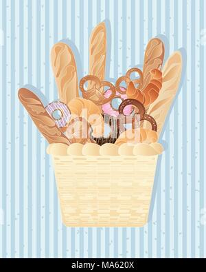a vector illustration in eps 10 format of a basket full of bakery products including French stick croissant doughnut and pretzel Stock Vector