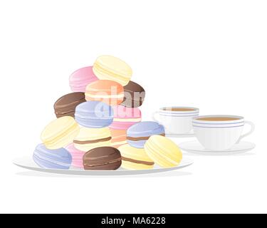 a vector illustration in eps 10 format of a plate of meringue macaroons with two cups of tea isolated on a white background Stock Vector