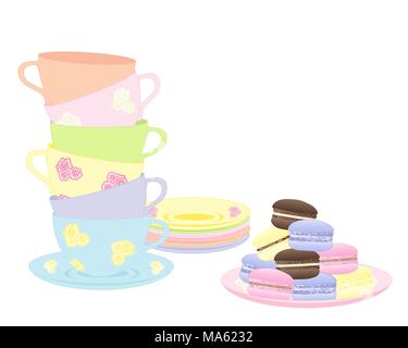 a vector illustration in eps 10 forma of a stack of fancy cups and saucers with a plate of delicious colorful macaroons isolated on a white background Stock Vector