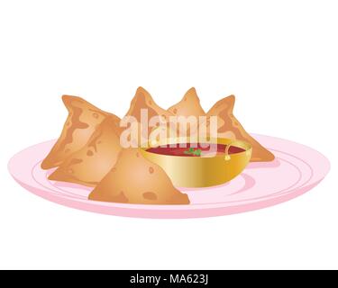 a vector illustration in eps 10 format of some indian samosas and dipping sauce in a small golden bowl on a pink plate isolated on a white background Stock Vector