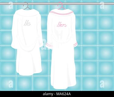a vector illustration in eps 10 format of two his and hers white bath robes hanging on a metallic rail in a tiled bathroom Stock Vector