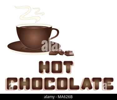 a vector illustration in eps 10 format of a hot chocolate advert with cup saucer chocolate pieces and chocolate style type Stock Vector