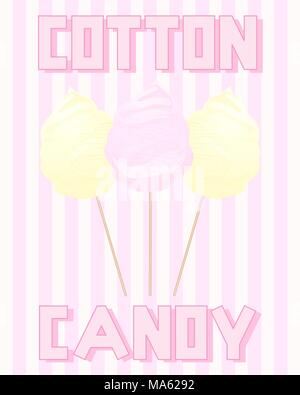 a vector illustration in eps 10 format of a vintage advert for cotton candy in pink and yellow on a striped background Stock Vector