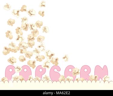 a vector illustration in eps 10 format of delicious fresh popcorn tumbling into a carton with pink letters spelling the word popcorn Stock Vector