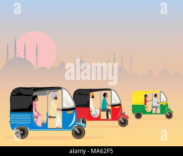 a vector illustration in eps 10 format of three colorful Asian tuk tuks racing along in a dusty urban setting in the evening at sunset Stock Vector