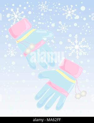 a vector illustration in eps 10 format of a pair of winter gloves in baby pink yellow and blue on a festive snowy background Stock Vector