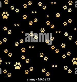 Dog Gold paw prints. Seamless pattern of animal gold footprints. Dog paw print seamless pattern on black background Stock Vector