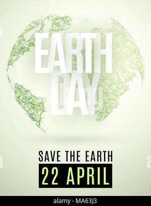 Happy Earth Day. 22 April. Abstract green planet earth from grass on a light background. Save the Earth. Text from paper letters. Ecological holiday.  Stock Vector