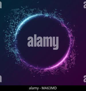 Geometric plexus banner of flying geometric particles on a dark background. Purple and blue glowing connected triangular elements. Scientific backgrou Stock Vector