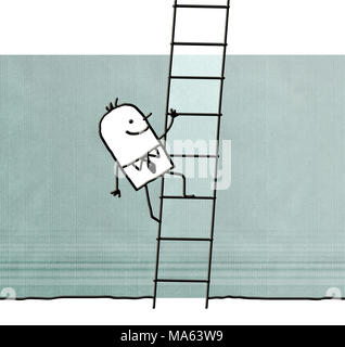 Cartoon man climbing up on a ladder Stock Photo