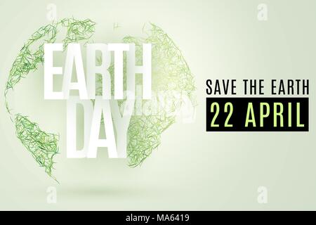 Happy Earth Day. 22 April. Abstract green planet earth from grass on a light background. Save the Earth. Text from paper letters. Vector illustration. Stock Vector