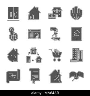Real estate art icons set. Residential and commercial building deals. Style symbols isolated on white Stock Vector