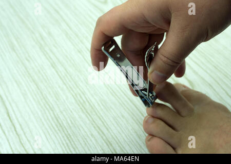Finger nail clippings in palm of hand isolated background Stock Photo