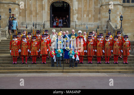 29th March 2018 Windsor UK Britain's Queen Elizabeth attends the Royal Maundy Service at St George's Chapel in the grounds of Windsor Castle. Maundy Thursday is the Christian holy day falling on the Thursday before Easter. It commemorates the Maundy and Last Supper of Jesus Christ with the Apostles. Stock Photo