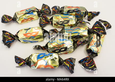 bowls of various ice creams on dark gray table, top view mask Stock Photo