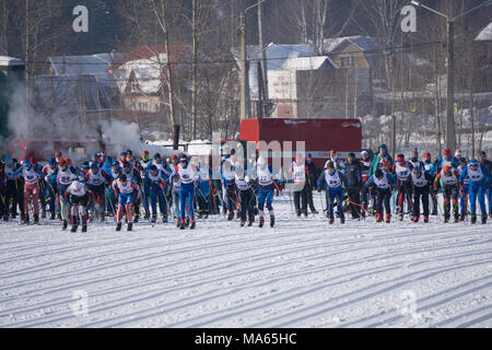 athletes waiting at marathon start line. Russia Berezniki 11 March 2018 . Stock Photo