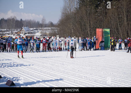 Russia Berezniki 11 March 2018: skiers compete at the Grand in the men's winter Olympic Stock Photo