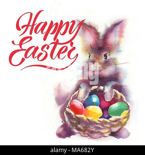Easter bunnies and Easter eggs. Watercolors illustration with cute animals. Easter postcards Stock Photo