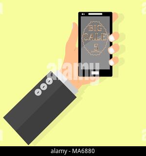 Online shopping big sale concept with man's hand holding smartphone and e-commerce vector illustration. Big Sale and sunburst or hand drawn star. Big  Stock Vector