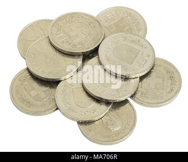 Swiss 5-francs coins on white background close up. Stock Photo